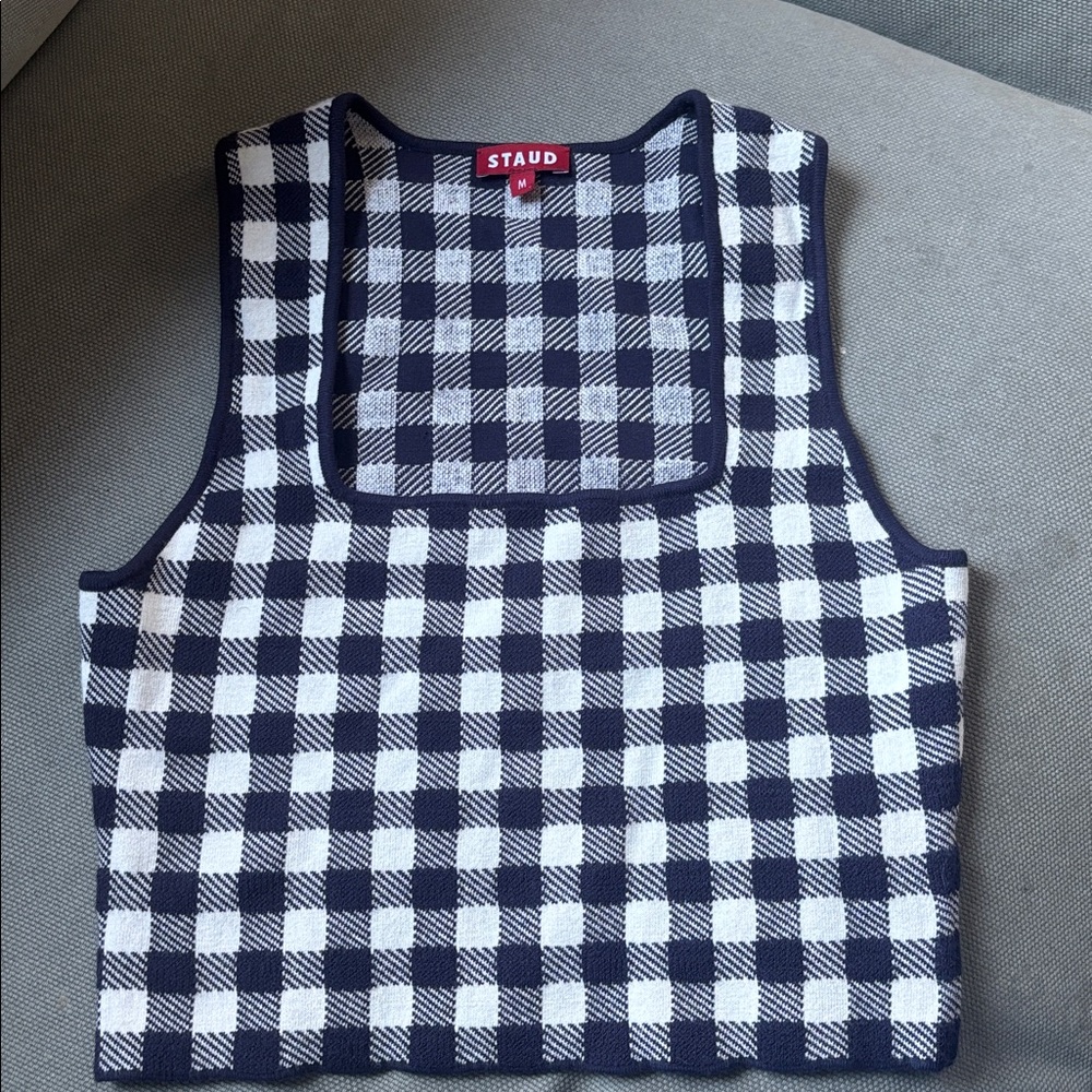 STAUD Navy and White Checkered Knit Top